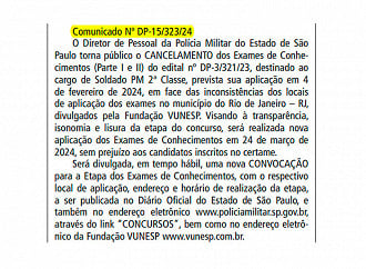 Vunesp cancela prova de 04/02 e remarca etapa para 24/03 - Diário Oficial