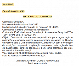 Banca contratada para a Câmara de Xambioá-TO