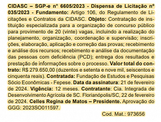 Banca contratada para promover o concurso CIDASC