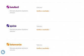 No site das Loterias Caixa, tudo o que aparece são os títulos das loterias, mas não os detalhes dos resultados. Créditos: Reprodução No site das Loterias Caixa, tudo o que aparece são os títulos das loterias, mas não os detalhes dos resultados. Créditos: Reprodução