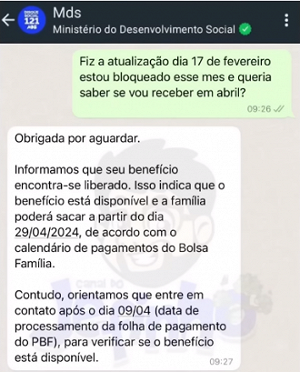 Consulta do Bolsa Família liberado no Whatsapp MDS. Fonte: Canal do Jefinho