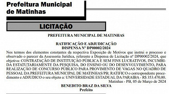 Banca selecionada para o concurso Prefeitura de Matinhas 2024
