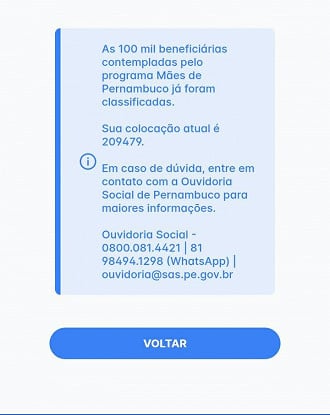 Consulta mostra o auxílio Mães de Pernambuco reprovado