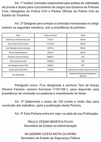 Polícia Civil do Tocantins forma comissão!