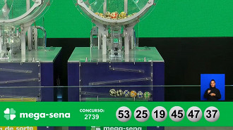 Números sorteados na Mega-Sena 2739. Créditos: Reprodução Números sorteados na Mega-Sena 2739. Créditos: Reprodução