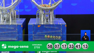 Números sorteados na Mega-Sena 2755. Créditos: Reprodução Números sorteados na Mega-Sena 2755. Créditos: Reprodução