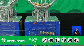 Números sorteados na Mega-Sena 2756. Créditos: Reprodução Números sorteados na Mega-Sena 2756. Créditos: Reprodução