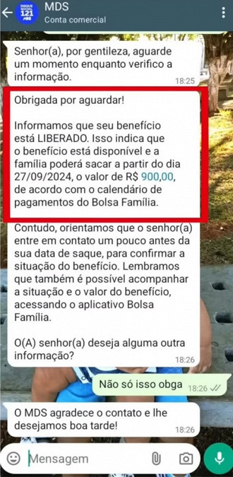 Whatsapp Bolsa Família mostra consulta de setembro. Whatsapp Bolsa Família mostra consulta de setembro.