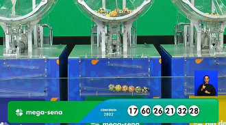 Números sorteados na Mega-Sena 2802. Créditos: Reprodução/Caixa Números sorteados na Mega-Sena 2802. Créditos: Reprodução/Caixa