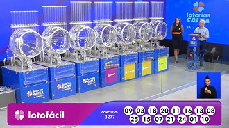 Números sorteados na Lotofácil 3277. Créditos: M3Mídia Números sorteados na Lotofácil 3277. Créditos: M3Mídia