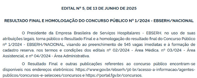 SAIU! Resultado final do concurso Ebserh 2025 é homologado no DOU