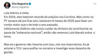 Senador Ciro Nogueira critica governo por prejuízo nos Correios - Fonte: rede social X