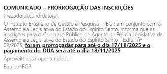Inscrições prorrogadas - ALES - Divulgação/IBGP