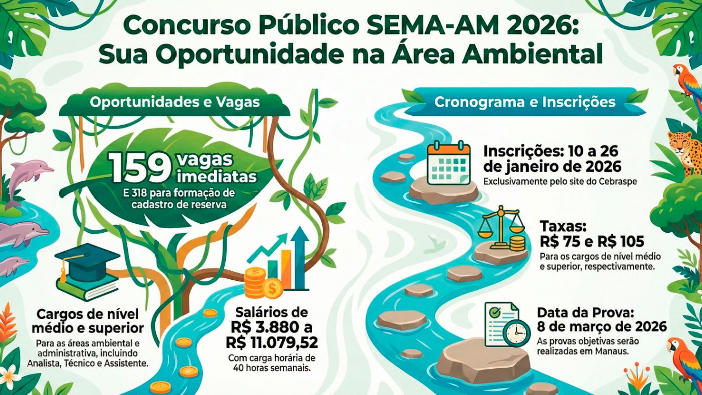 Concurso SEMA-AM 2026: Sai edital com 477 vagas de R$ 11 mil