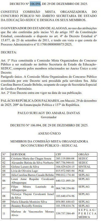 Créditos: Divulgação/DOE-AL