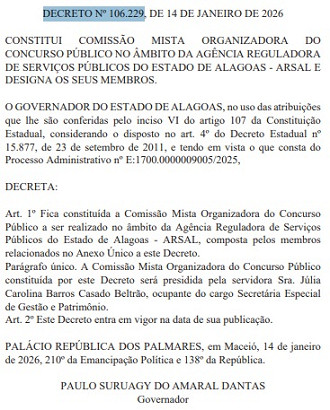 Créditos: Divulgação/DOE-AL