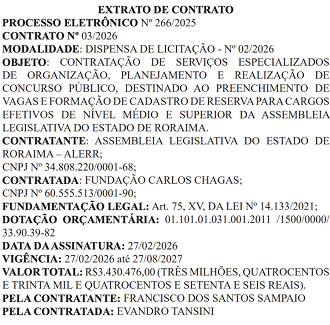A responsável pela organização do certame será a Fundação Carlos Chagas (FCC), uma das bancas mais tradicionais do país. O extrato do contrato foi publicado no Diário Oficial da própria Casa no dia 27 de fevereiro, e o vínculo entre as partes terá duração de 18 meses, seguindo até agosto de 2027.