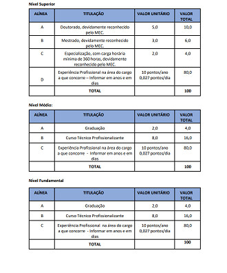 Inscrição e envio de documentos - etapa de caráter eliminatório.  Análise curricular - etapa classificatória e eliminatória.  Homologação e divulgação dos resultados - etapa de caráter classificatório.