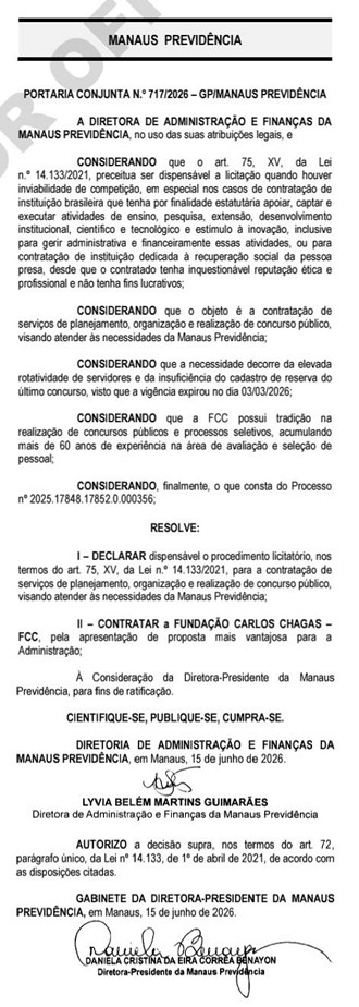 Banca definida ManausPrev/Créditos: Divulgação/DOE-Manaus