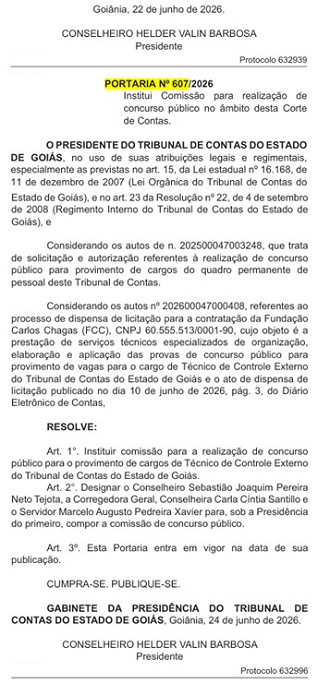 Portaria concurso TCE-GO/Créditos: Divulgação/DOE-GO