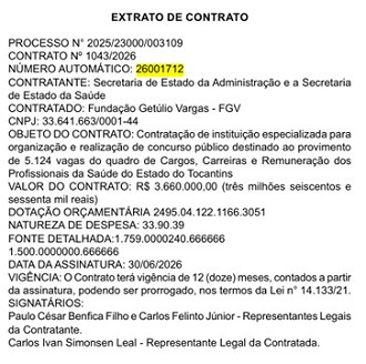 Extrato de contrato FGV - concurso SES-TO/Créditos: Divulgação/DOE-TO