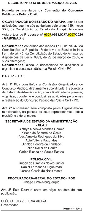 Comissão concurso PC-AP/Créditos: Divulgação/DOE-AP