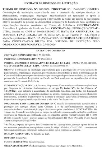 Extrato de dispensa de licitação concurso ALEPA 2026/Créditos: Divulgação/DOE-PA