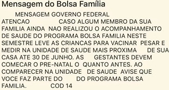 Mensagem do Bolsa Família-condicionantes/Créditos: Divulgação/Governo Federal