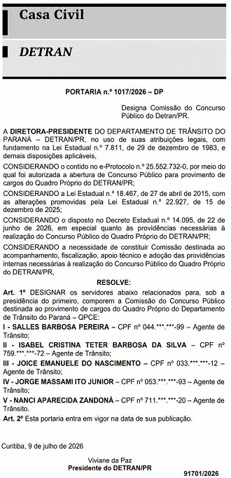 Concurso DETRAN-PR-comissão formada/Créditos: Divulgação/Diário Oficial