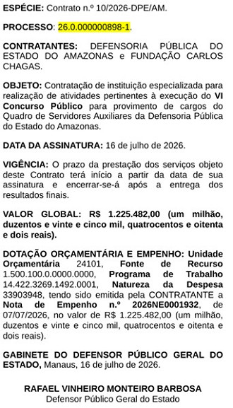 FCC banca organizadora concurso DPE-AM/Créditos: Divulgação/Diário Defensoria AM