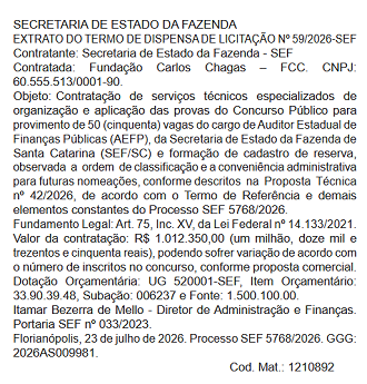 Concurso SEFAZ-SC - banca contratada/Créditos: Divulgação/PNCP