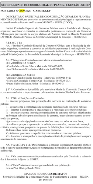 Comissão formada concurso ISS Belém/Créditos: Divulgação/Diário Municipal Belém