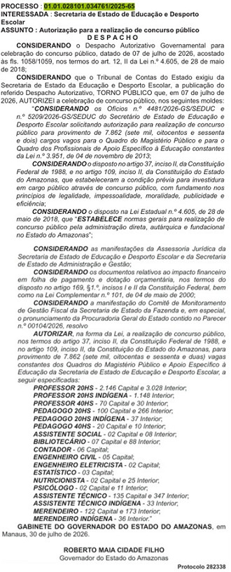 Autorização concurso SEDUC-AM/Créditos: Divulgação/DOE-AM