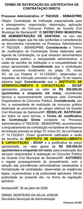 BAnca definida Guarda de Santana-AP/Créditos: Divulgação/Diário Oficial-AP
