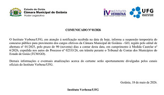 Comunicado suspensão temporária concurso Câmara de Goiânia-GO/Créditos: Divulgação/Instituto Verbena