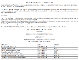 Comissão organizadora concurso SEFAZ-AL/Créditos: Divulgação/DOE-AL