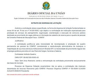 Dispensa de Licitação concurso CONFEF/Créditos: Divulgação/DOU