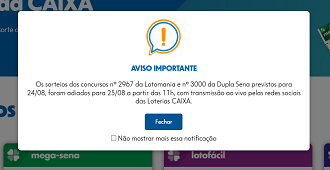 Comunicado divulgado pelas Loterias Caixa. Créditos: Reprodução.
