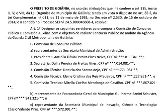 Comissão concurso Guarda de Goiânia-GO/Créditos: Divulgação/DOE-GO