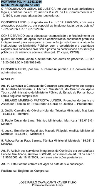 Comissão concurso MP-PE/Créditos: Divulgação/DOE-PE