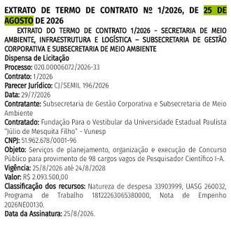 Extrato de Contrato concurso IPA-SP/Créditos: Divulgação/DOE-SP