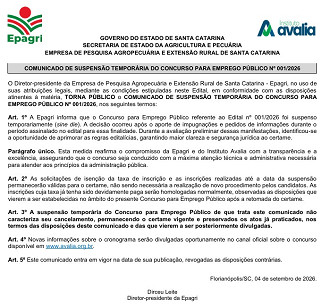 Concurso EPAGRI-SC suspenso/Créditos: Divulgação/Instituto Avalia