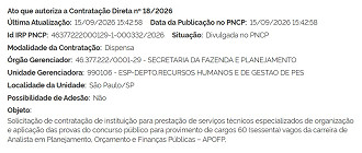 Concurso SEFAZ-SP - banca definida/Créditos: Divulgação/PNCP