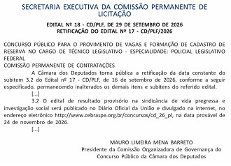 Concurso Câmara de Deputados-retificado/Créditos: Divulgação/DOU