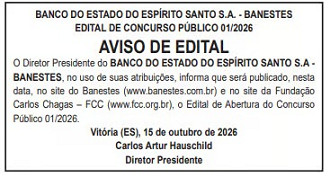Aviso de edital concurso BANESTES/Créditos: Divulgação/BANESTES