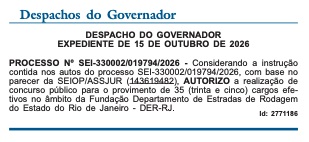 Concurso DER-RJ autorizado/Créditos: Divulgação/DOE-RJ