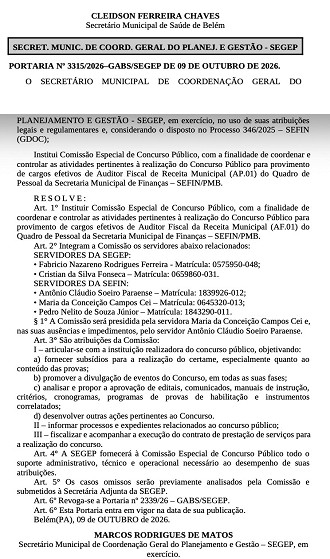 Portaria 3315-2026 concurso ISS Belém/Créditos: Divulgação/Diário Oficial do Município